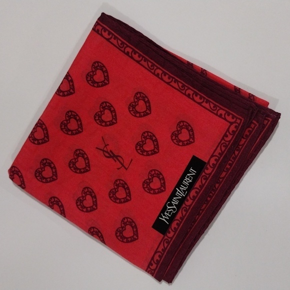 Yves Saint Laurent YSL Heart Pattern Red Square Pocket Scarf 19.5X19.5-in - NWT - Picture 3 of 10